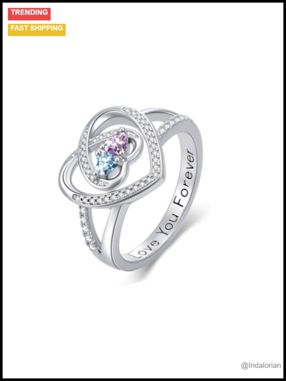 18k White Gold Plated Double Heart Birthstone Ring Size 10 Promise Wedding Band